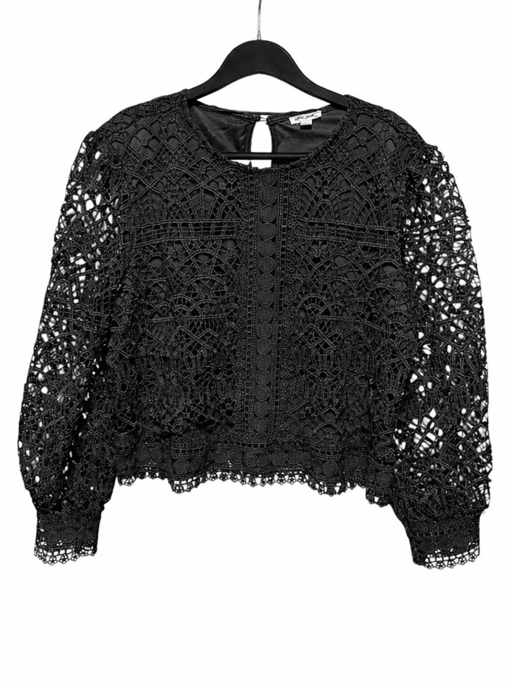 Ultra Pink Black Lace Crochet Blouse XL Boho Romantic Sheer Sleeve Top Evening
